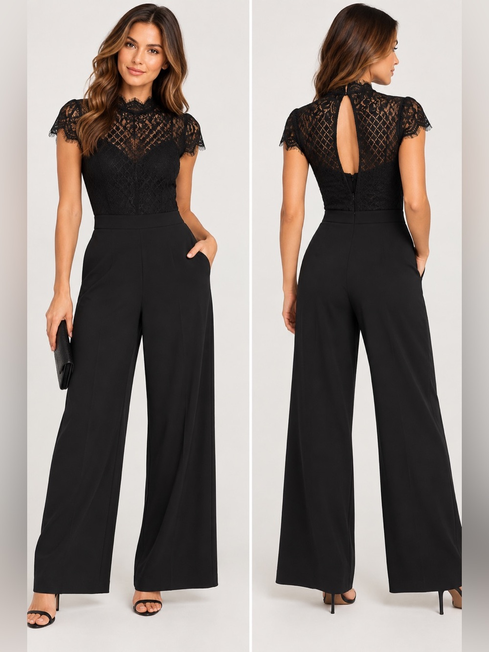 Julia Jordan NWT Black Lace Wide Leg Jumpsuit Size 2 Evening Formal